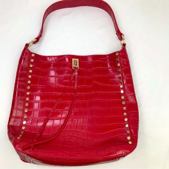 Kate & Mallory Red Studded Croc Embossed Faux Leather Shoulder Bag and Pouch - Picture 5 of 16